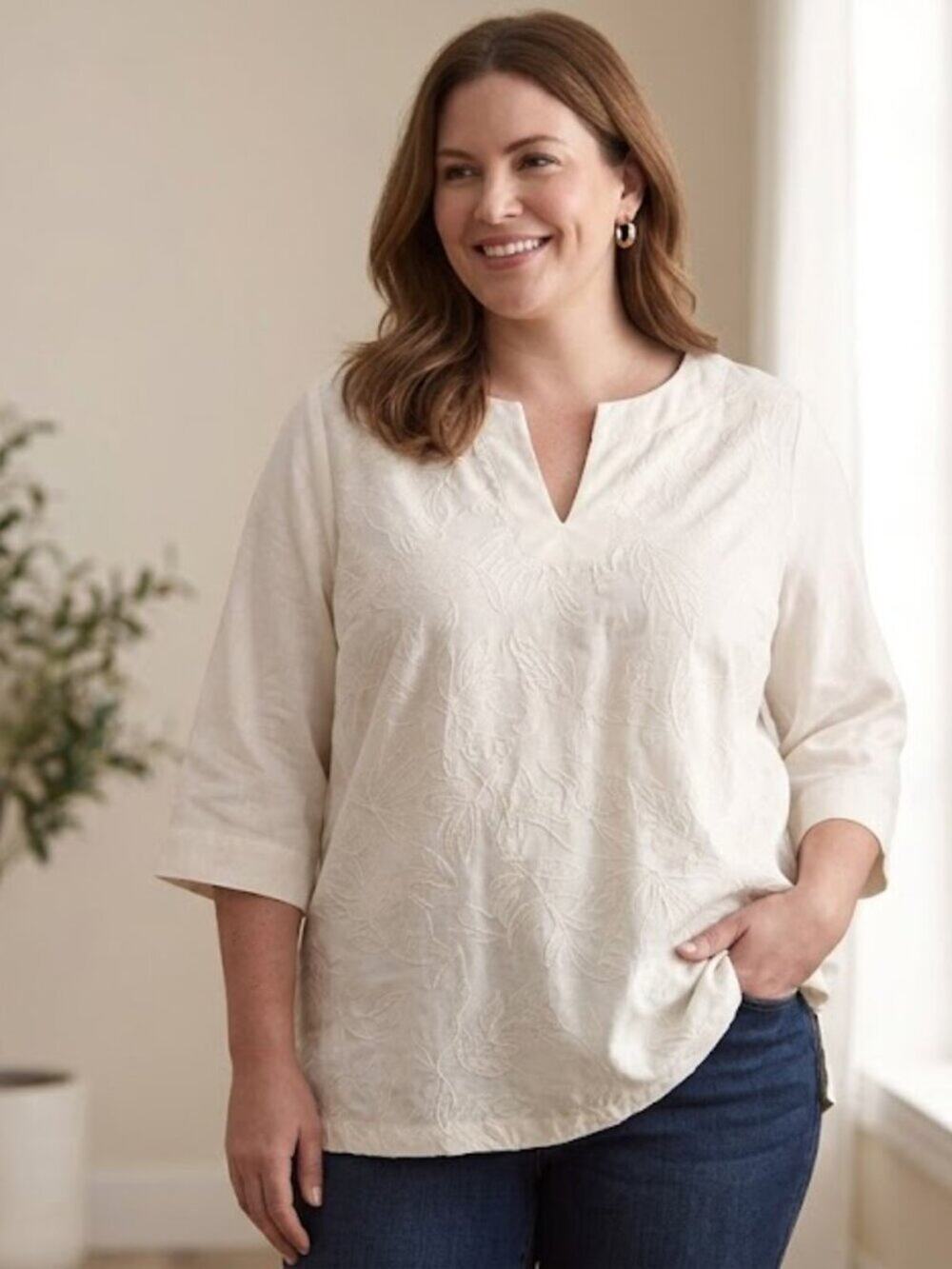 Jessica London Linen Blend Embroidered Split-Neck Tunic Blouse 18W